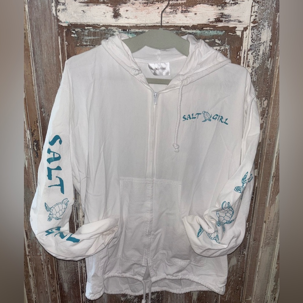 Salt Girl White Zip-Up Hoodie – Sea Turtle Graphic – Drawstring Hem Size Med